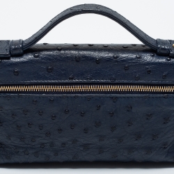 Pre Owned Loro Piana Navy Blue Ostrich Zip L19 Pouch