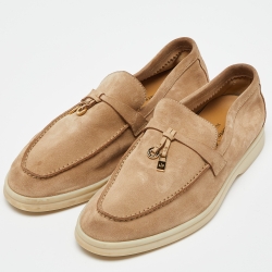 Pre Owned Loro Piana Beige Suede Summer Charms Walk Slip On Loafers Size 36.5