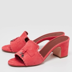 Pre Owned Loro Piana Coral Pink Suede Jovis Charm Slide Sandals Size 39