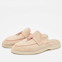 Pre Owned Loro Piana Beige/Pink Nubuck Leather Babouche Charms Walk Mules Size 36.5