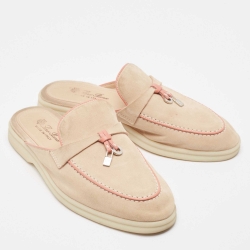 Pre Owned Loro Piana Beige/Pink Nubuck Leather Babouche Charms Walk Mules Size 36.5