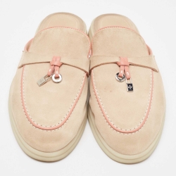 Pre Owned Loro Piana Beige/Pink Nubuck Leather Babouche Charms Walk Mules Size 36.5