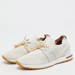 Pre Owned Loro Piana Off White/Grey Knit Fabric and Suede 360 Flexy Walker Sneakers Size 36