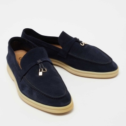 Pre Owned Loro Piana Navy Blue Suede Summer Charms Walk Loafers Size 39