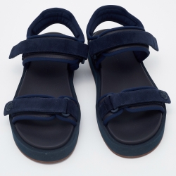 Pre Owned Loro Piana Navy Blue Suede and Leather Waikiki Flat Sandals Size 38