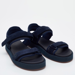Pre Owned Loro Piana Navy Blue Suede and Leather Waikiki Flat Sandals Size 38