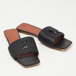 Pre Owned Loro Piana Black Embroidered Leather Sprightly Charms Flat Slides Size 42
