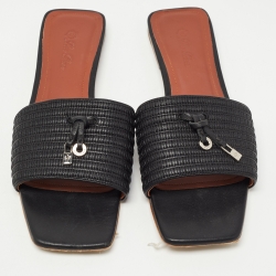 Pre Owned Loro Piana Black Embroidered Leather Sprightly Charms Flat Slides Size 42