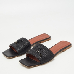 Pre Owned Loro Piana Black Embroidered Leather Sprightly Charms Flat Slides Size 42