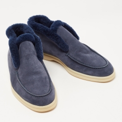 Pre Owned Loro Piana Navy Blue Suede and Fur Open Walk Chukka Boots Size 38