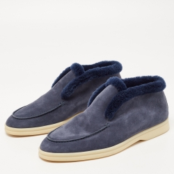Pre Owned Loro Piana Navy Blue Suede and Fur Open Walk Chukka Boots Size 38