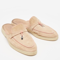 Pre Owned Loro Piana Beige/Pink Suede Babouche Charms Walk Flat Mules Size 37