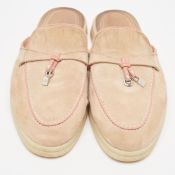 Pre Owned Loro Piana Beige/Pink Suede Babouche Charms Walk Flat Mules Size 37