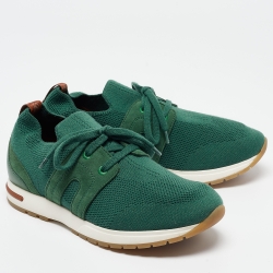 Pre Owned Loro Piana Green Knit Fabric Lace Up Sneakers Size 37.5