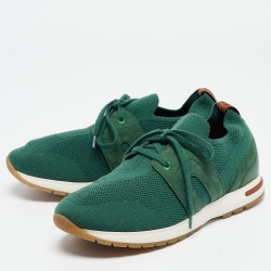 Pre Owned Loro Piana Green Knit Fabric Lace Up Sneakers Size 37.5