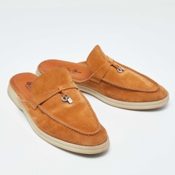 Pre Owned Loro Piana Orange Suede Babouche Charms Walk Flat Mules Size 38