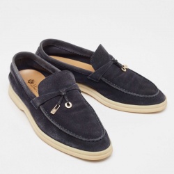 Pre Owned Loro Piana Navy Blue Suede Summer Charms Walk  Loafers Size 37.5