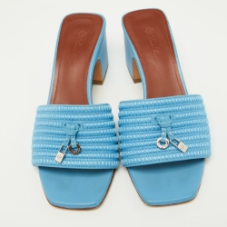 Loro Piana Blue Embroidered Leather Sprightly Charms Slide Sandals Size 36