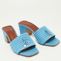 Loro Piana Blue Embroidered Leather Sprightly Charms Slide Sandals Size 36