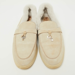 Pre Owned Loro Piana Beige Suede and Shearling Fur Summer Charms Walk Loafers Size 39