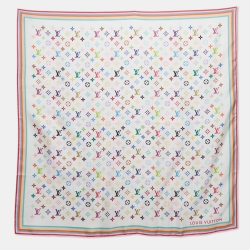 Pre Owned Louis Vuitton x Takashi Murakami White Monogram Silk Scarf 