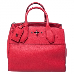 AUTH LOUIS VUITTON RED LEATHER CITY STEAMER PM TOP HANDLE TOTE LOCK BAG