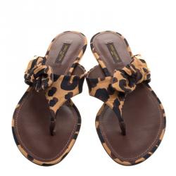 Pre Owned Louis Vuitton Brown Leopard Print Flat Thong Sandals Size 38.5
