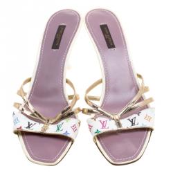 Pre Owned حذاء سلايدز لوي فيتون شرائط جلد وكانفاس مونوغرامي متعدد الألوان مقاس 40