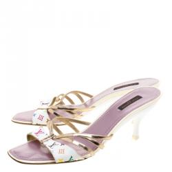 Pre Owned حذاء سلايدز لوي فيتون شرائط جلد وكانفاس مونوغرامي متعدد الألوان مقاس 40