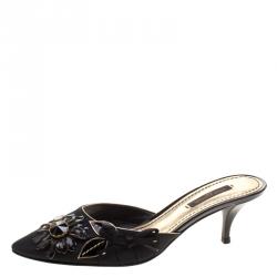 Pre Owned Louis Vuitton Black Silk Floral Crystal Embellished Pointed Toe Mules Size 36