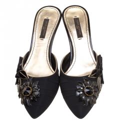 Pre Owned Louis Vuitton Black Silk Floral Crystal Embellished Pointed Toe Mules Size 36