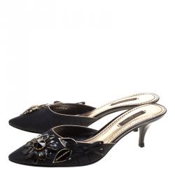 Pre Owned Louis Vuitton Black Silk Floral Crystal Embellished Pointed Toe Mules Size 36