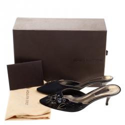 Pre Owned Louis Vuitton Black Silk Floral Crystal Embellished Pointed Toe Mules Size 36