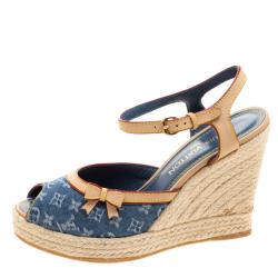 Pre Owned Louis Vuitton Denim and Leather Espadrille Wedge Peep Toe Sandals Size 38.5