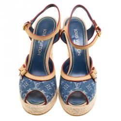 Pre Owned Louis Vuitton Denim and Leather Espadrille Wedge Peep Toe Sandals Size 38.5