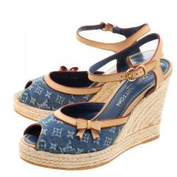 Pre Owned Louis Vuitton Denim and Leather Espadrille Wedge Peep Toe Sandals Size 38.5