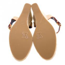 Pre Owned Louis Vuitton Denim and Leather Espadrille Wedge Peep Toe Sandals Size 38.5