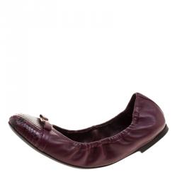 Pre Owned Louis Vuitton Burgundy Leather Elba Python Leather Cap Toe Scrunch Ballet Flats Size 37.5