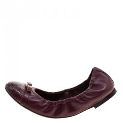 Pre Owned Louis Vuitton Burgundy Leather Elba Python Leather Cap Toe Scrunch Ballet Flats Size 37.5