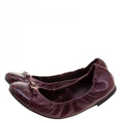 Pre Owned Louis Vuitton Burgundy Leather Elba Python Leather Cap Toe Scrunch Ballet Flats Size 37.5