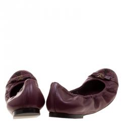 Pre Owned Louis Vuitton Burgundy Leather Elba Python Leather Cap Toe Scrunch Ballet Flats Size 37.5