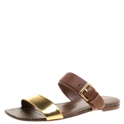 مملوكة مسبقًا Louis Vuitton Brown Leather And Monogram Canvas Golden Bloom Flat Slides Size 38
