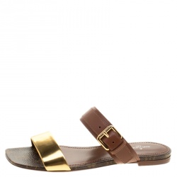 مملوكة مسبقًا Louis Vuitton Brown Leather And Monogram Canvas Golden Bloom Flat Slides Size 38