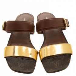 مملوكة مسبقًا Louis Vuitton Brown Leather And Monogram Canvas Golden Bloom Flat Slides Size 38