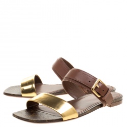 مملوكة مسبقًا Louis Vuitton Brown Leather And Monogram Canvas Golden Bloom Flat Slides Size 38