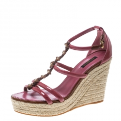 LOUIS VUITTON Patent Leather Floral Embellished Espadrille Wedges - Sa