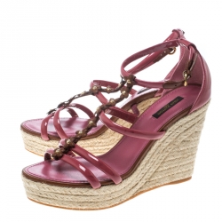 Pre Owned Louis Vuitton Faded Rose Patent Leather Monogram Flower Espadrille Wedge Sandals Size 40