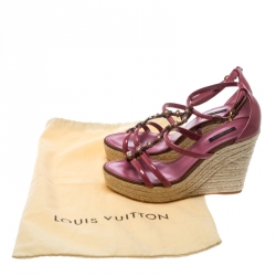 Pre Owned Louis Vuitton Faded Rose Patent Leather Monogram Flower Espadrille Wedge Sandals Size 40