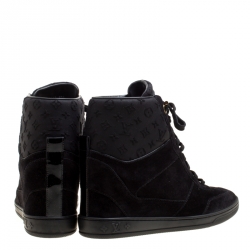 Louis Vuitton Black Suede And Embossed Monogram Fabric Millenium Wedge Sneakers Size 37.5