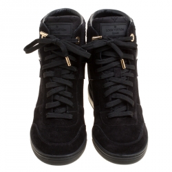 Louis Vuitton Black Suede And Embossed Monogram Fabric Millenium Wedge Sneakers Size 37.5